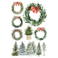 "Partridge Lane" IOD Transfer by Iron Orchid Designs.Pg 3 of 8. Available at Milton's Daughter. Set of Christmas-themed illustrations including wreaths with red bows and snow-covered trees.
