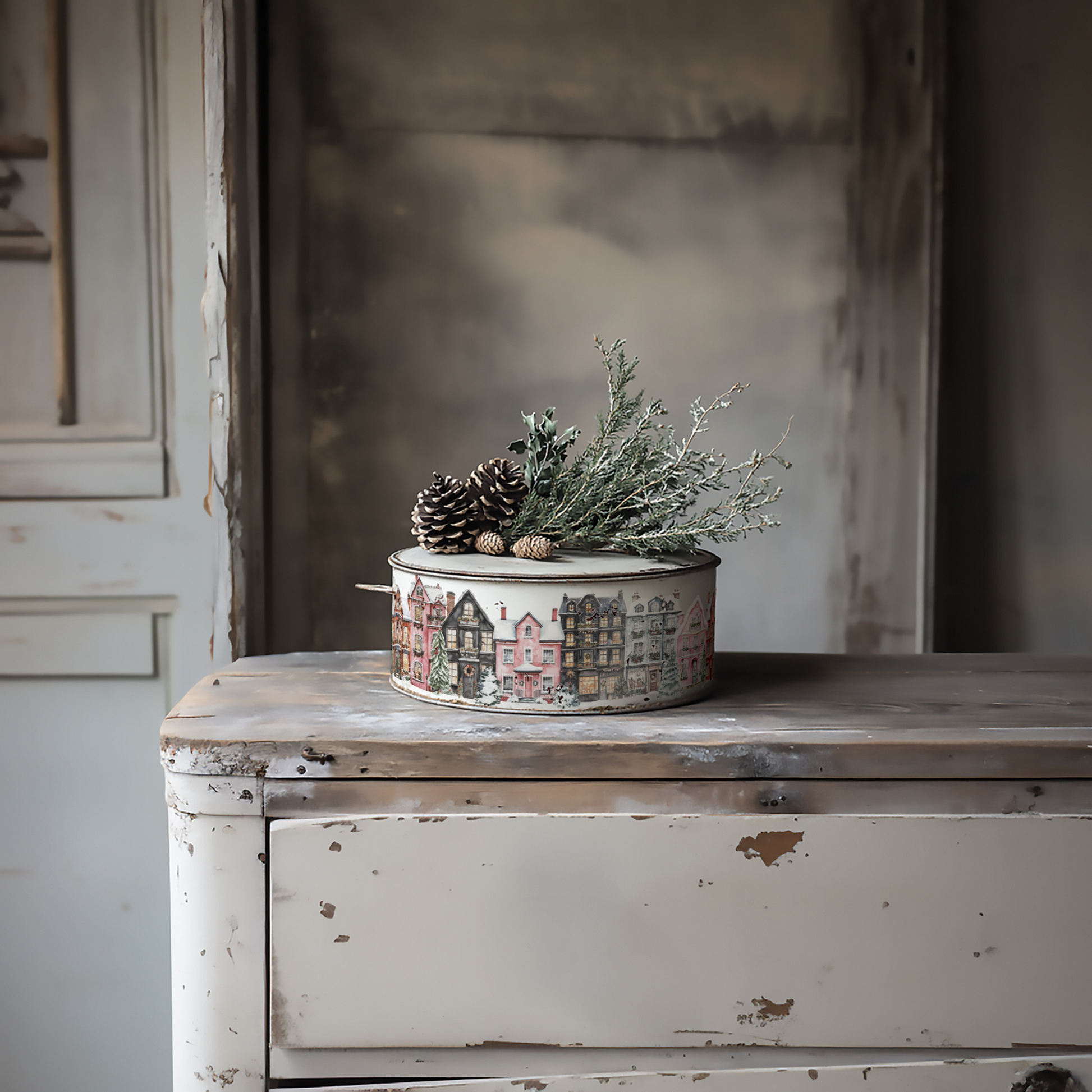 "Partridge Lane" IOD Transfer by Iron Orchid Designs - Example Pic 1. Transfer available at Milton's Daughter. Decorative tin with plants on a rustic wooden surface.