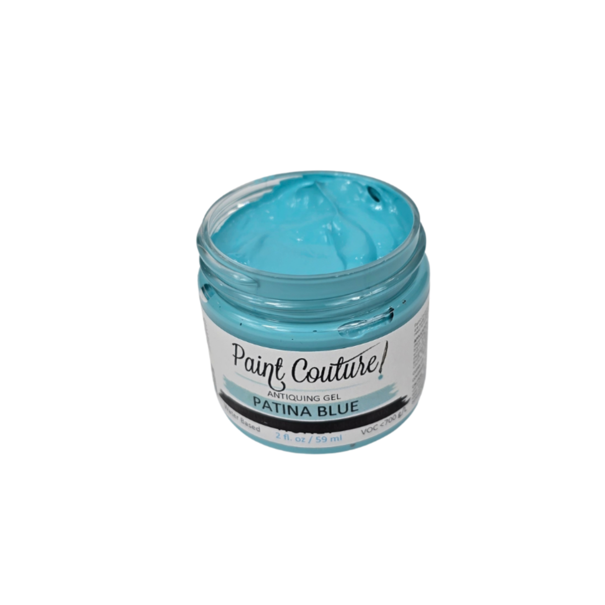 A jar of Patina Blue Antiquing Gel by Paint Couture, shown open with the blue gel visible inside, on a plain white background.