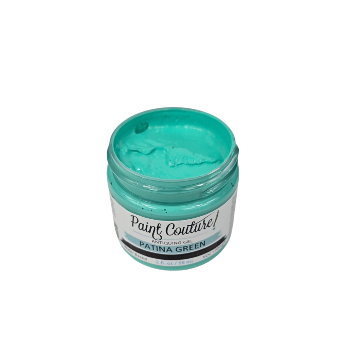 A jar of Patina Green Antiquing Gel by Paint Couture, shown open with the green gel visible inside, on a plain white background.