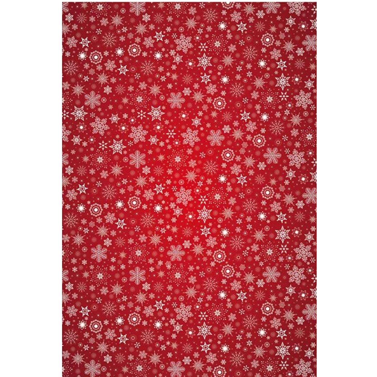 Repeating pattern of white snowflakes and star-like winter motifs, centered on a red background.