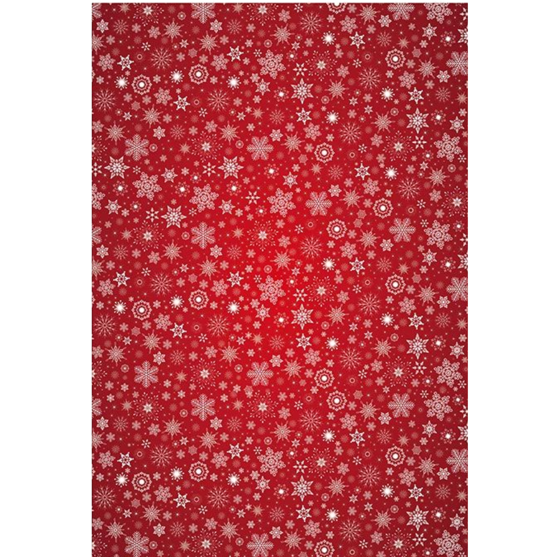 Repeating pattern of white snowflakes and star-like winter motifs, centered on a red background.