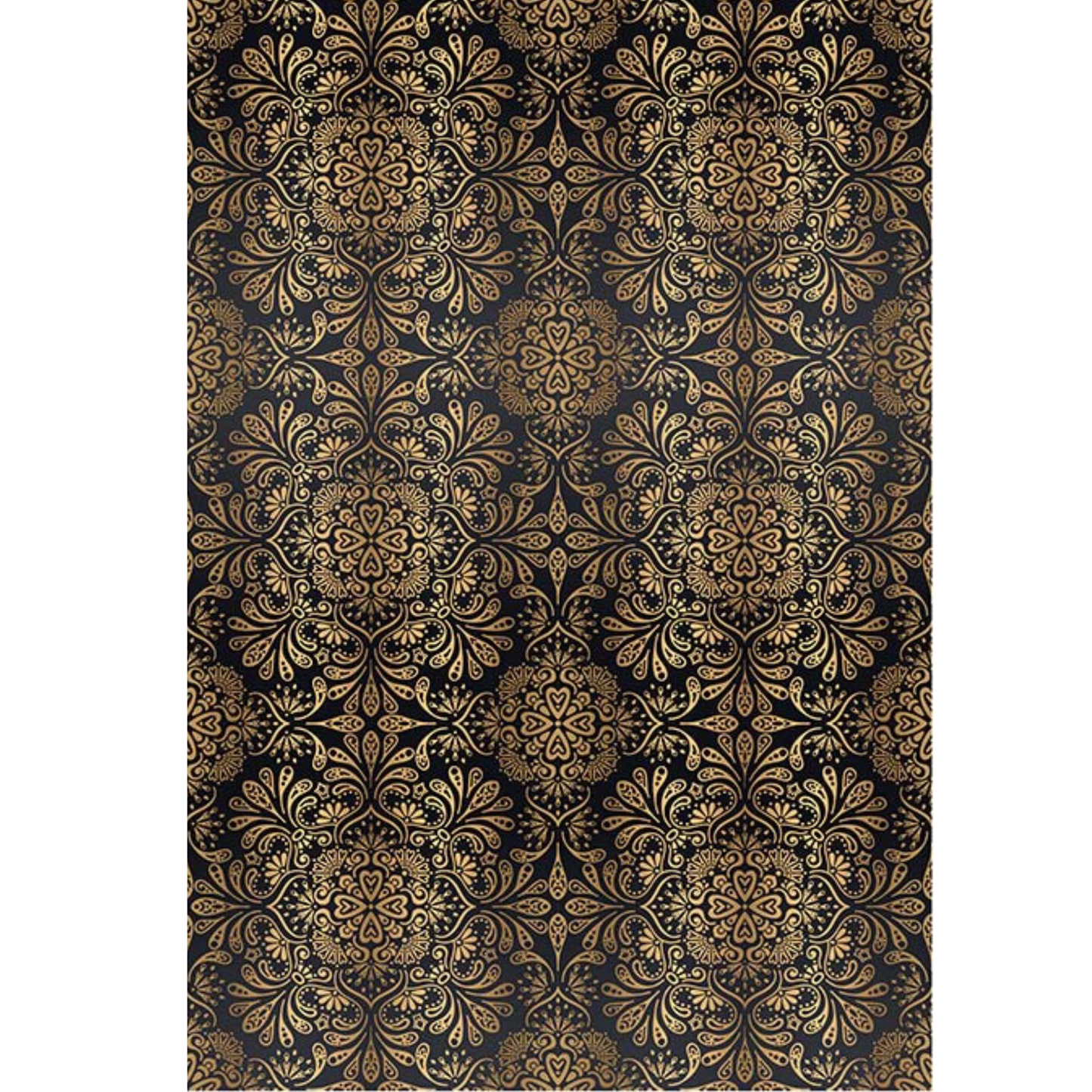 Ornate damask patterned paper with gold on black background.