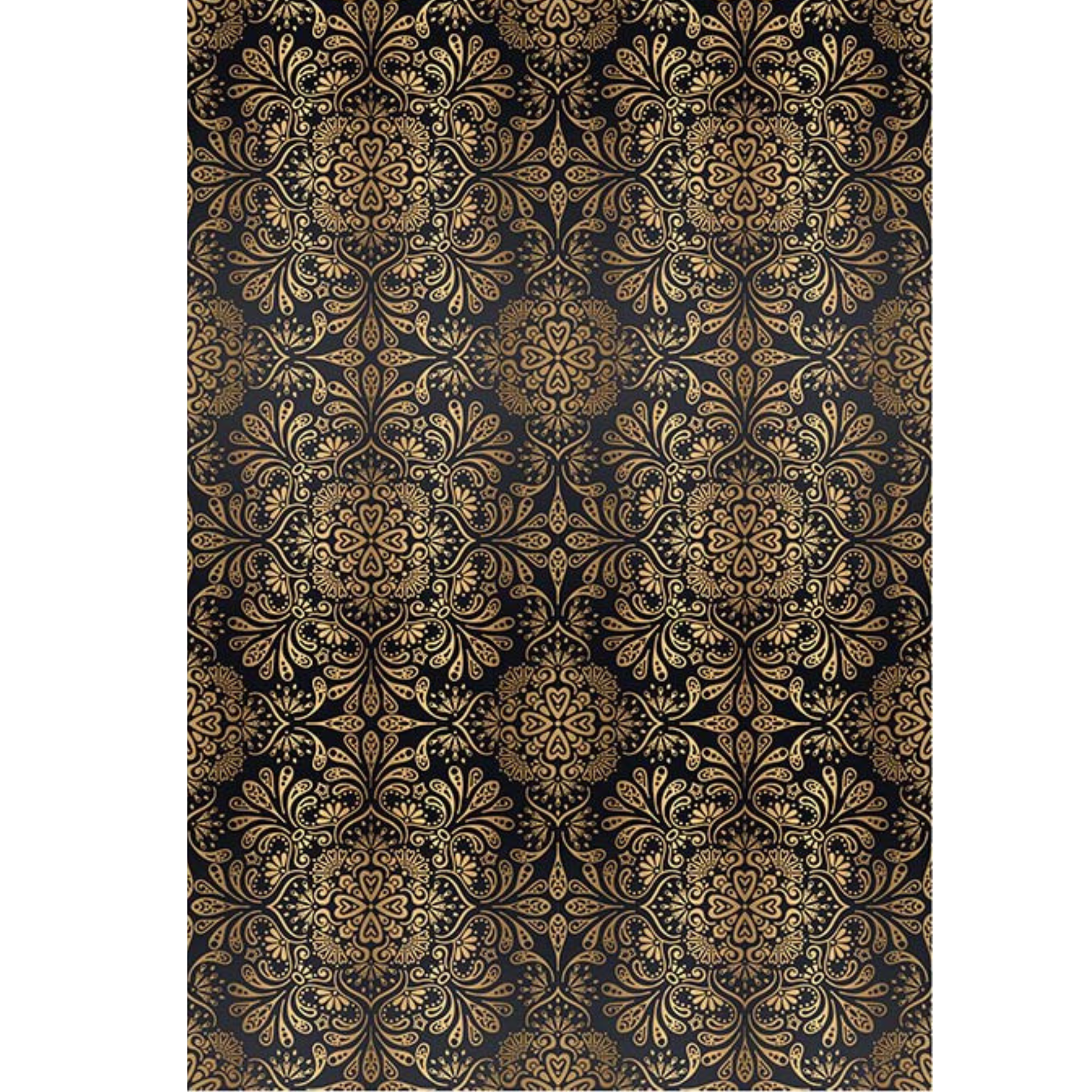 Ornate damask patterned paper with gold on black background.
