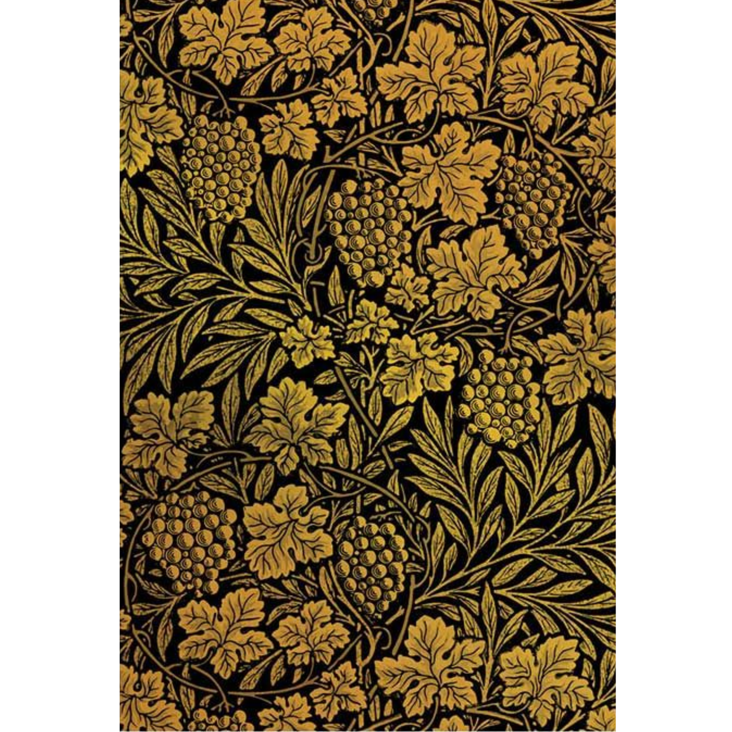 Repeating botanical pattern featuring gold grapevines, leaves, and grape clusters on a black background.