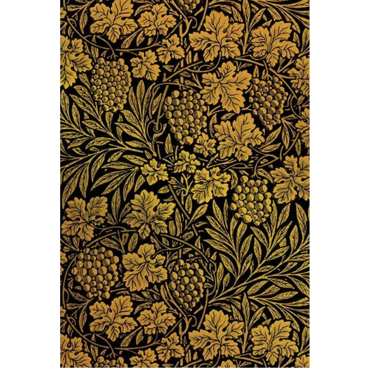 Repeating botanical pattern featuring gold grapevines, leaves, and grape clusters on a black background.