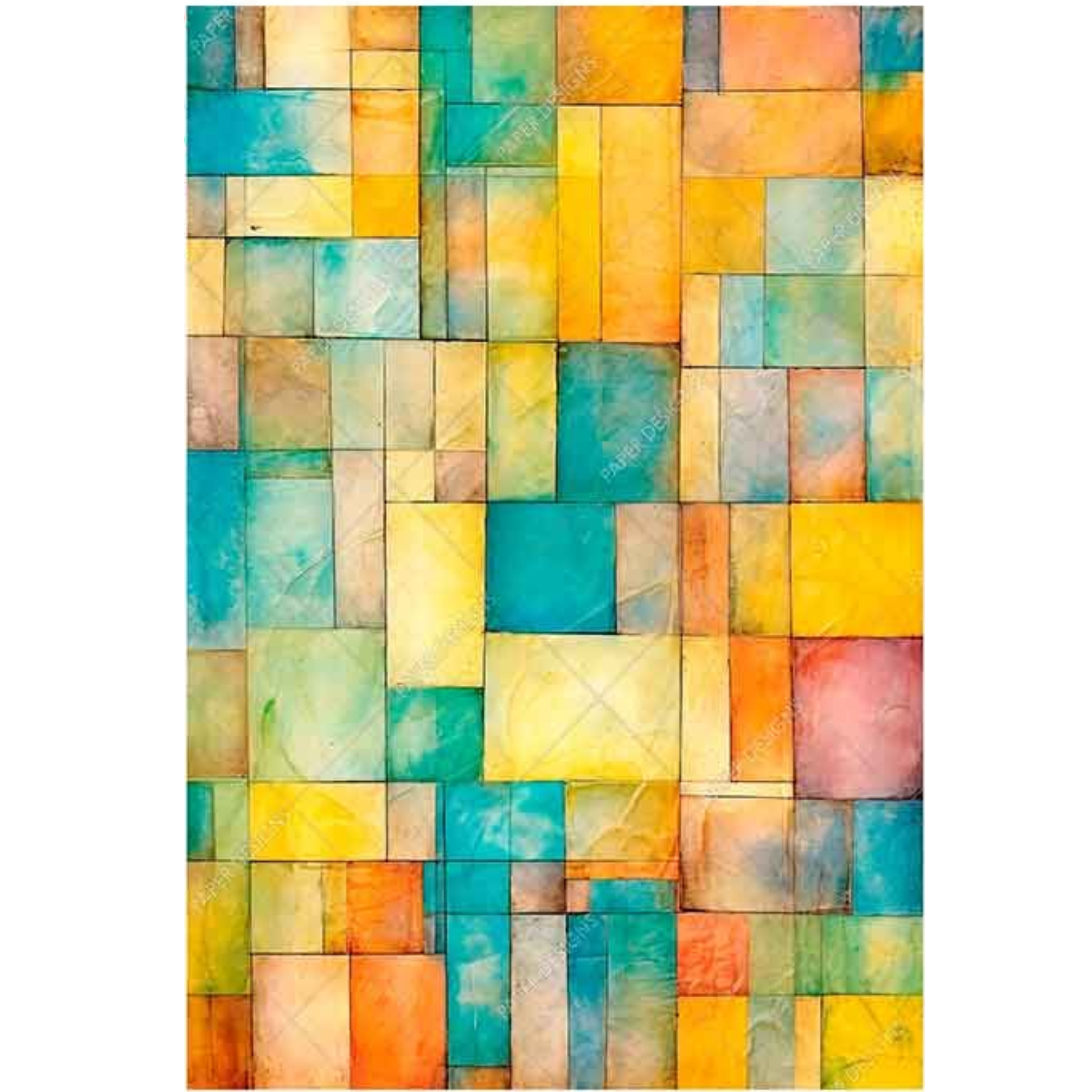 Abstract geometric wall art featuring a mosaic of watercolor-style rectangular blocks in teal, yellow, orange, pink, and beige tones, shown centered on a white background.