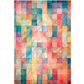 A square abstract design featuring a colorful geometric pattern of watercolor-like squares in shades of pink, blue, orange, yellow, and green, arranged in a grid with diagonal line details.