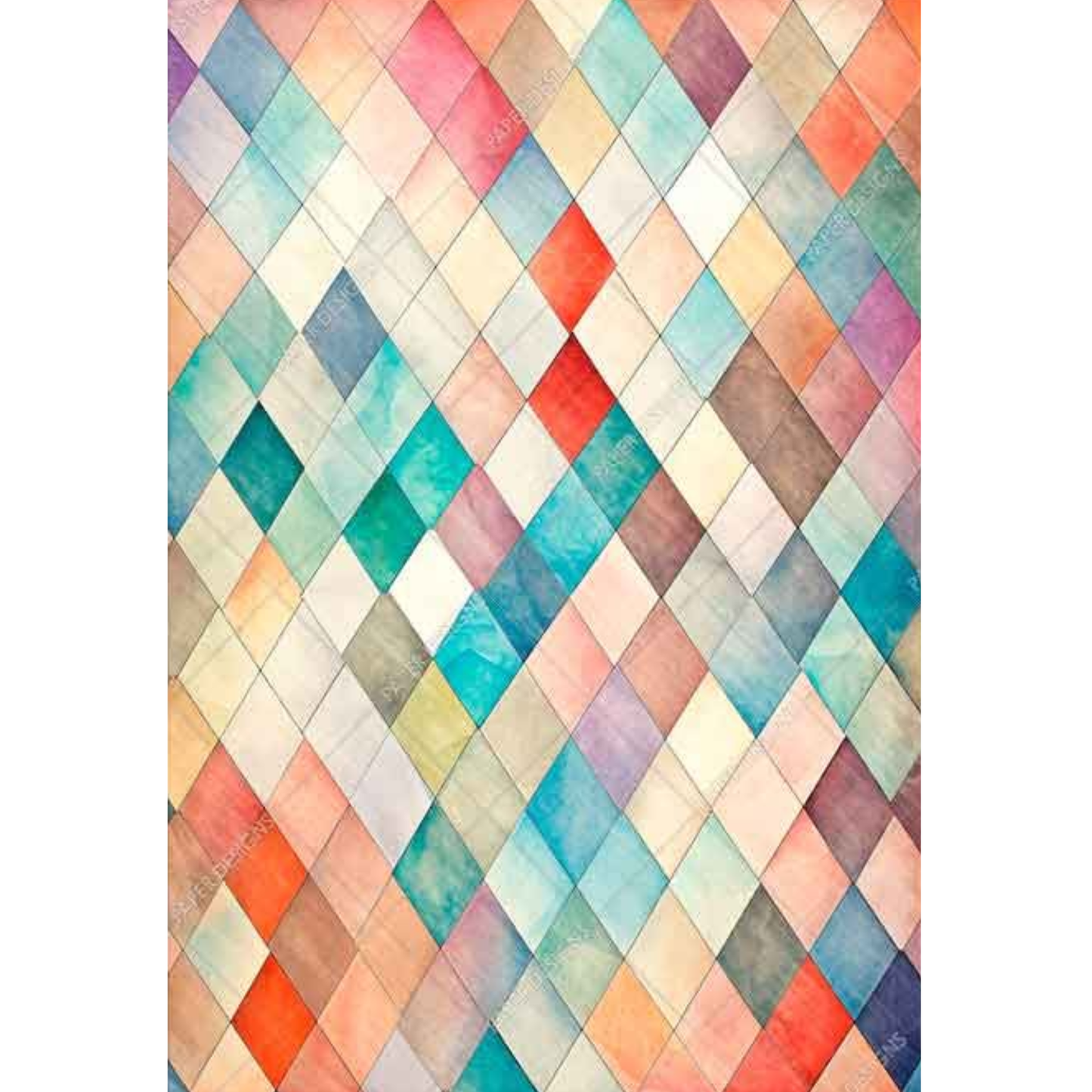 Rice paper design featuring a watercolor geometric pattern of interlocking diamond shapes in a variety of pastel and bright colors including teal, orange, pink, purple, blue, and beige.
