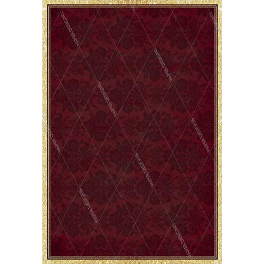 Red damask patterned background with gold border.