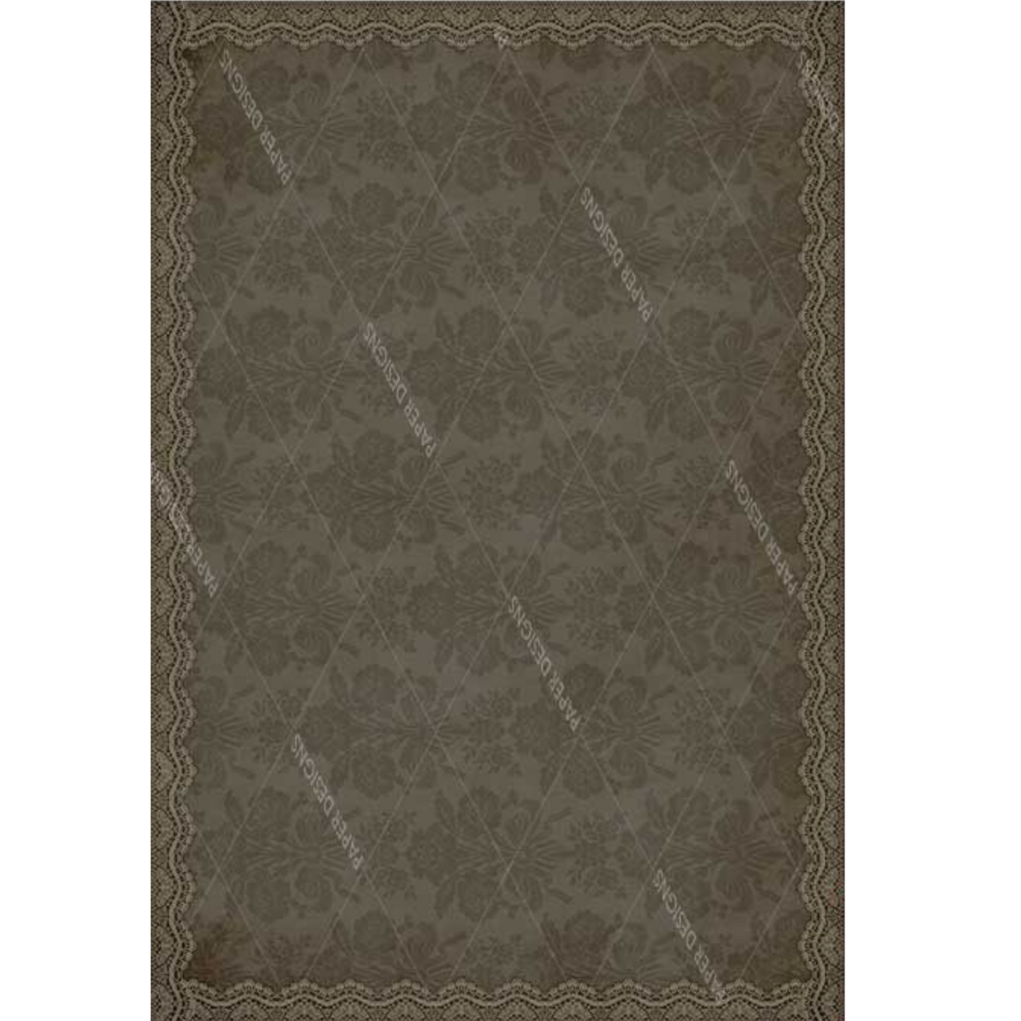Brown damask patterned print with lace border.