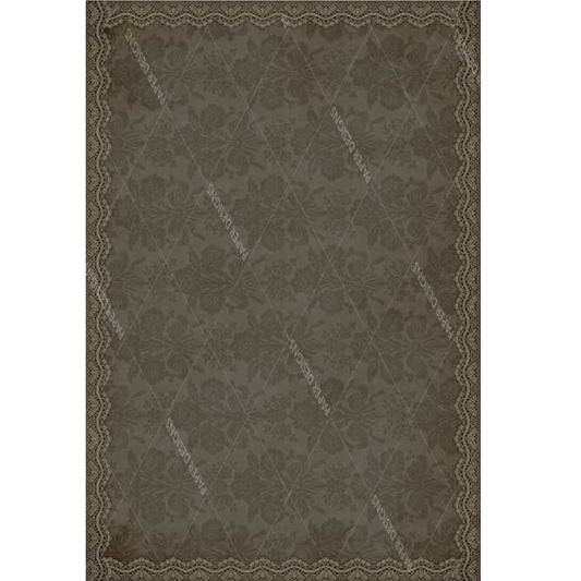 Brown damask patterned print with lace border.