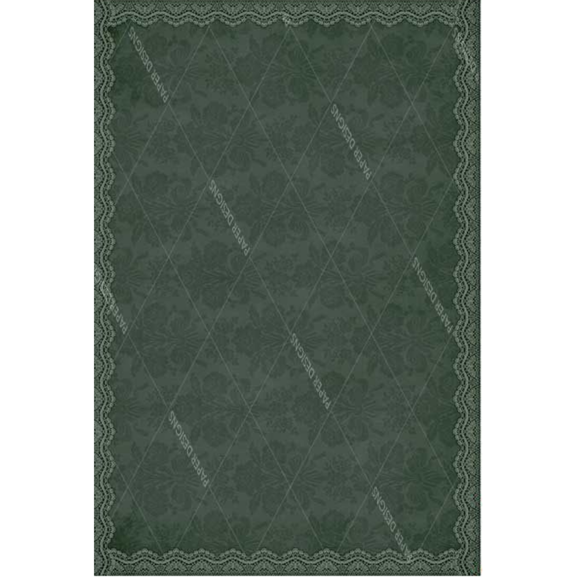 Green damask patterned background paper with lace border.