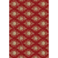 Image featuring a repeating beige damask floral design on a red background.