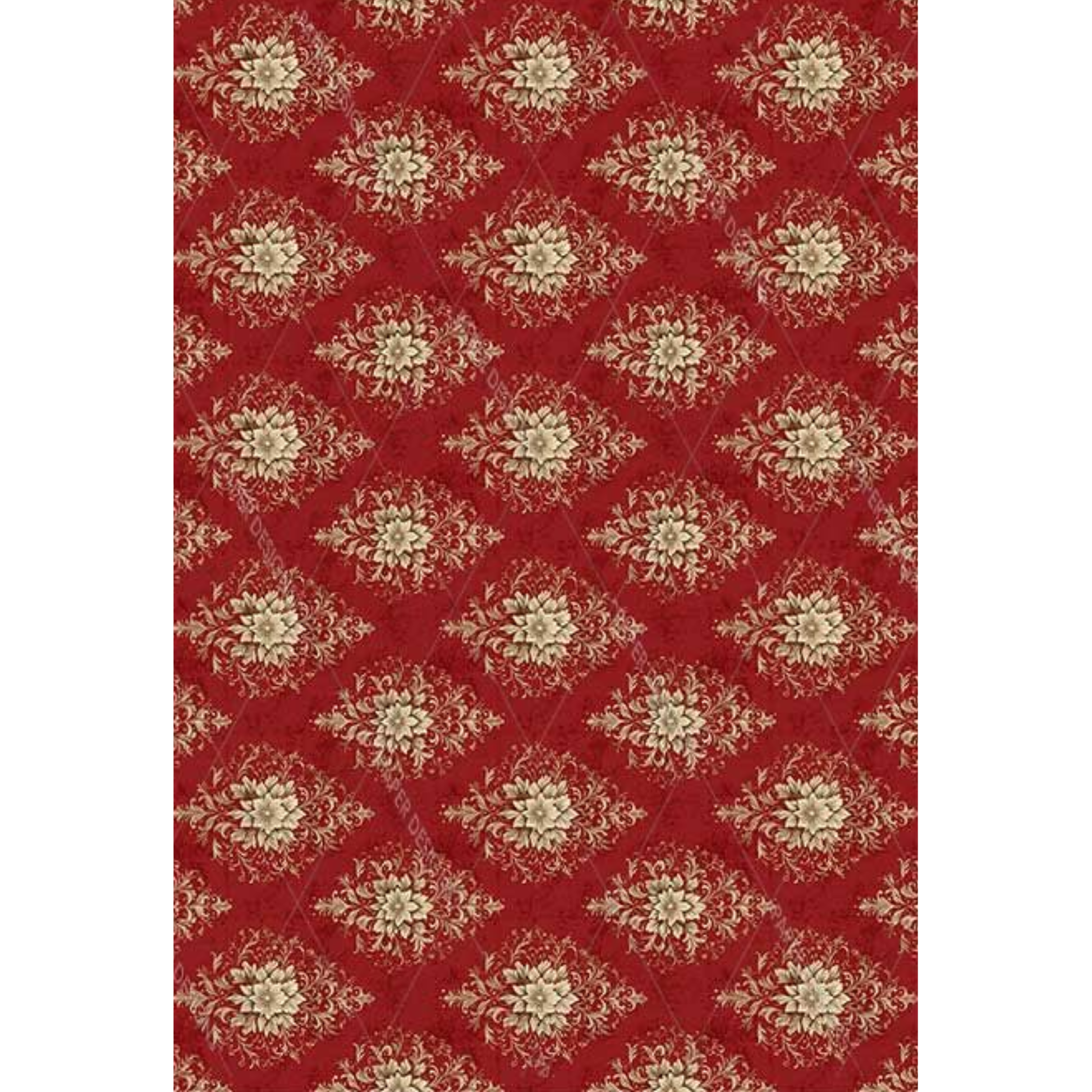 Image featuring a repeating beige damask floral design on a red background.