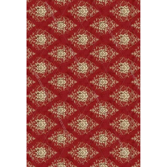 Image featuring a repeating beige damask floral design on a red background.