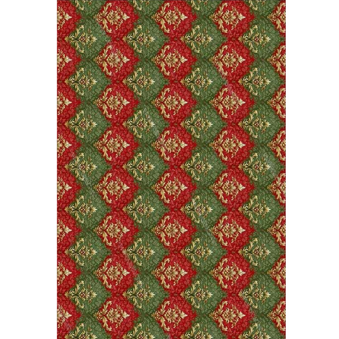 A close-up of a repeating diamond pattern in red and green with small beige floral details.