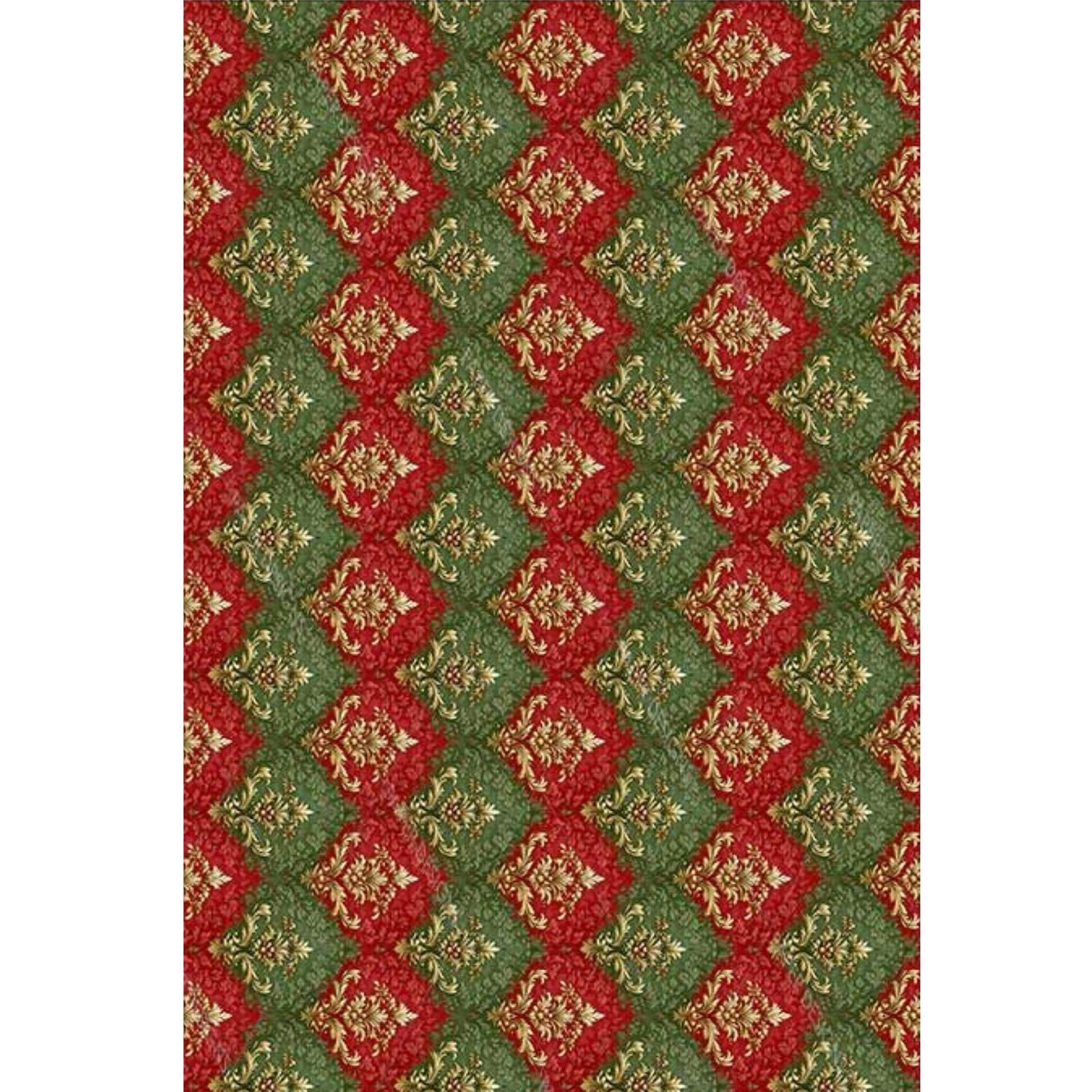 A close-up of a repeating diamond pattern in red and green with small beige floral details.