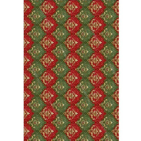 A close-up of a repeating diamond pattern in red and green with small beige floral details.