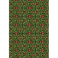 Repeating ornate floral pattern on a dark green background, featuring red flowers and light green leaves. 