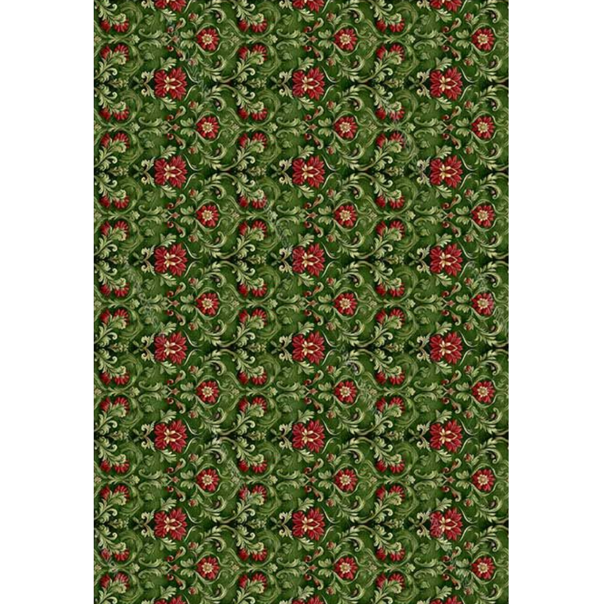 Repeating ornate floral pattern on a dark green background, featuring red flowers and light green leaves. 