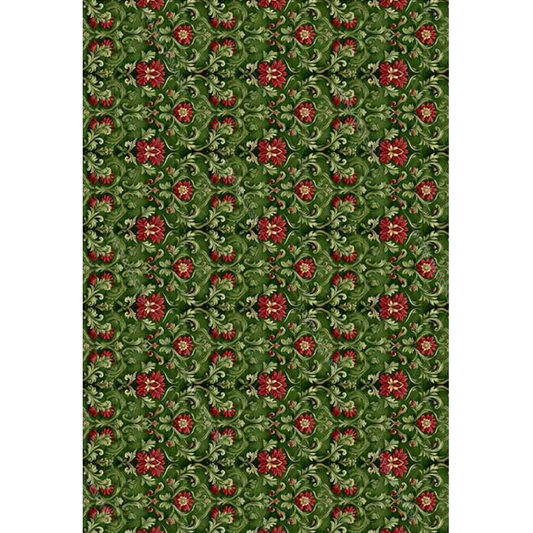 Repeating ornate floral pattern on a dark green background, featuring red flowers and light green leaves. 