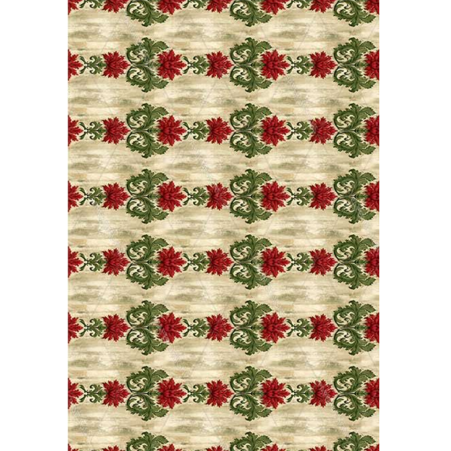 Rice paper image featuring horizontal stripes of red poinsettias and green leaves on a textured beige background.