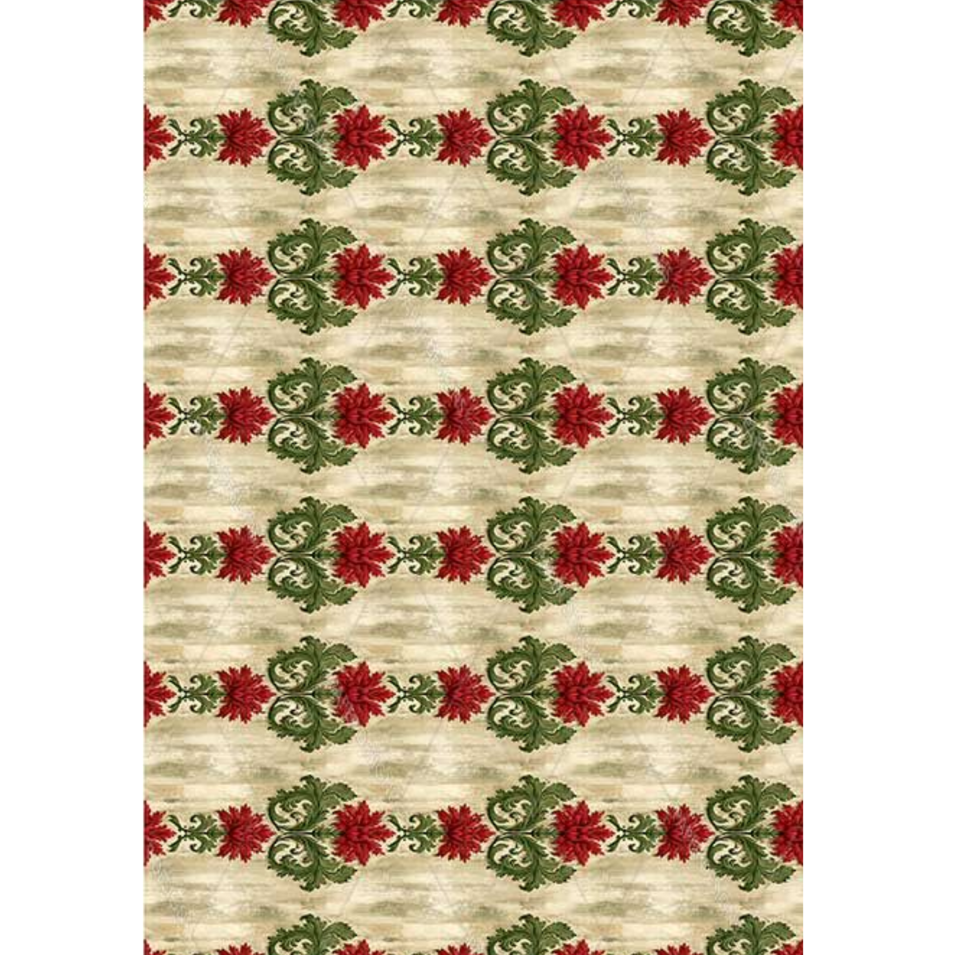 Rice paper image featuring horizontal stripes of red poinsettias and green leaves on a textured beige background.