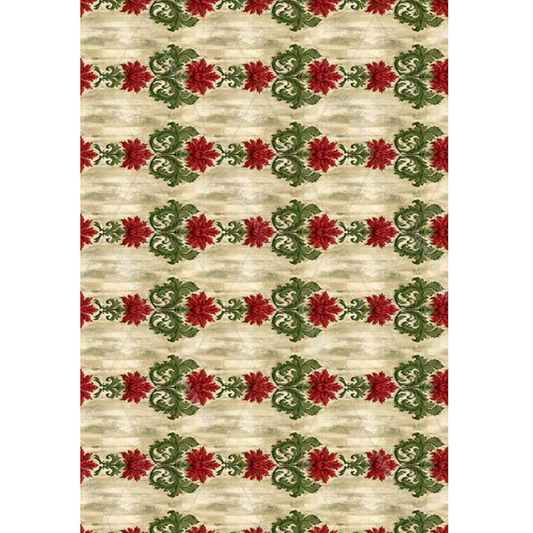 Rice paper image featuring horizontal stripes of red poinsettias and green leaves on a textured beige background.