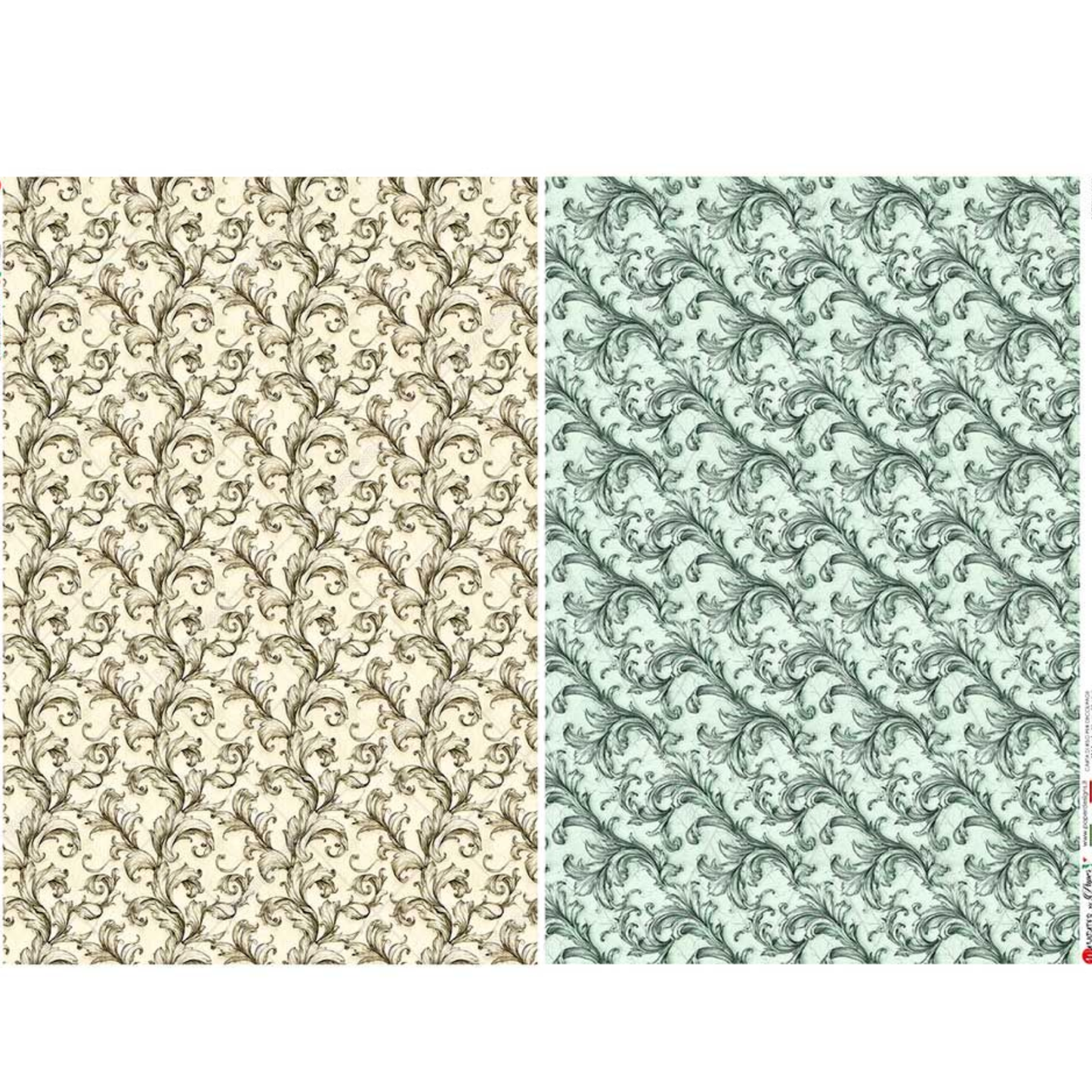 Two patterns side by side, one beige and one aqua, on a white background.
