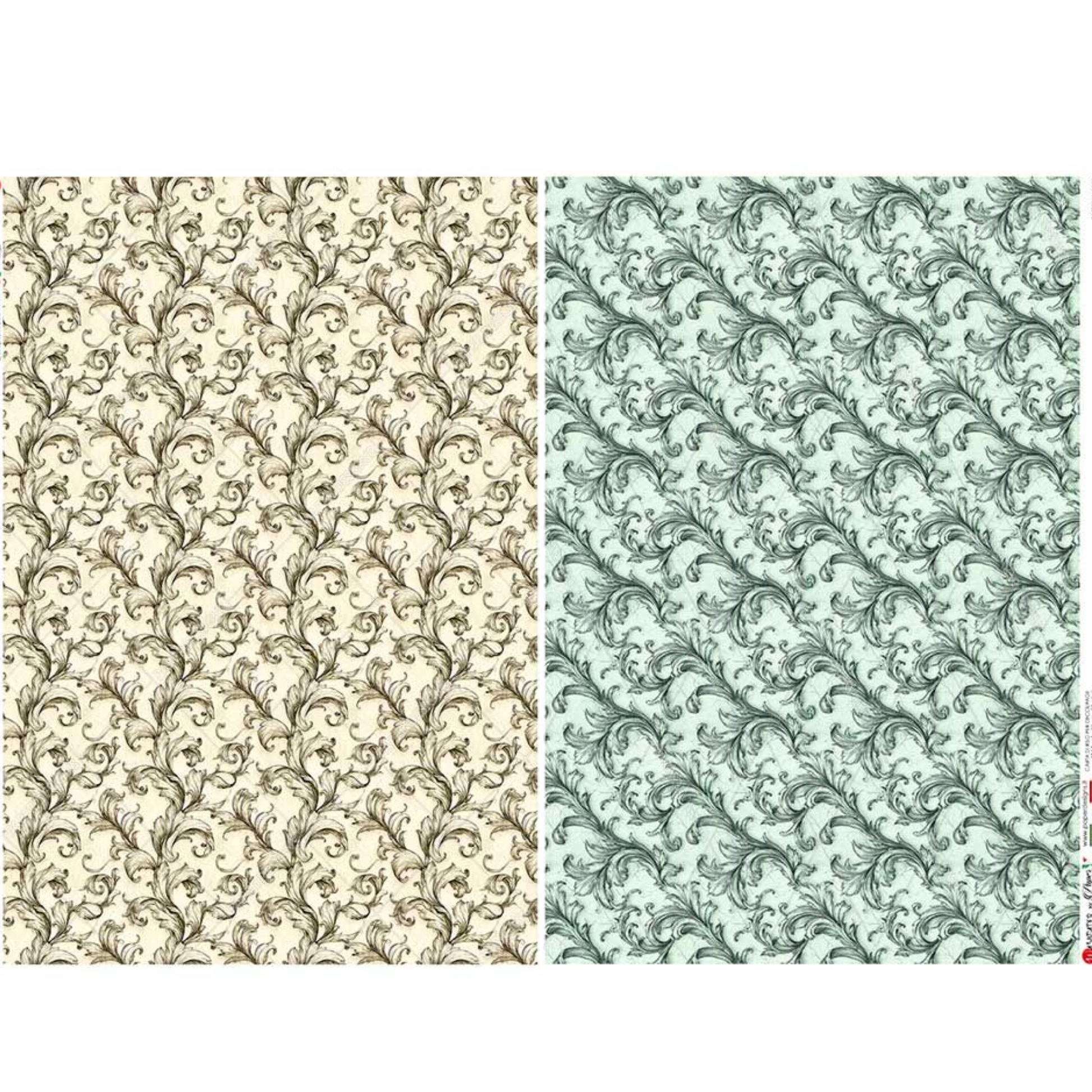Two patterns side by side, one beige and one aqua, on a white background.