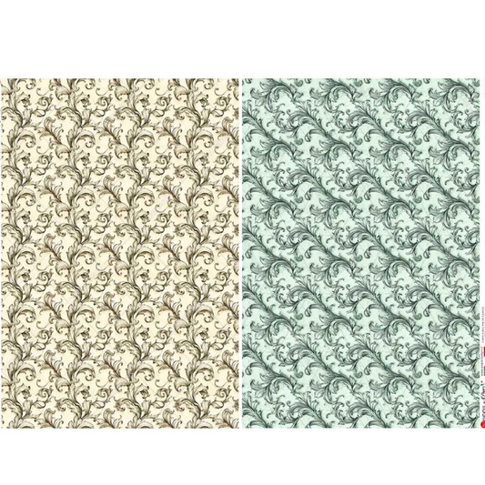Two patterns side by side, one beige and one aqua, on a white background.