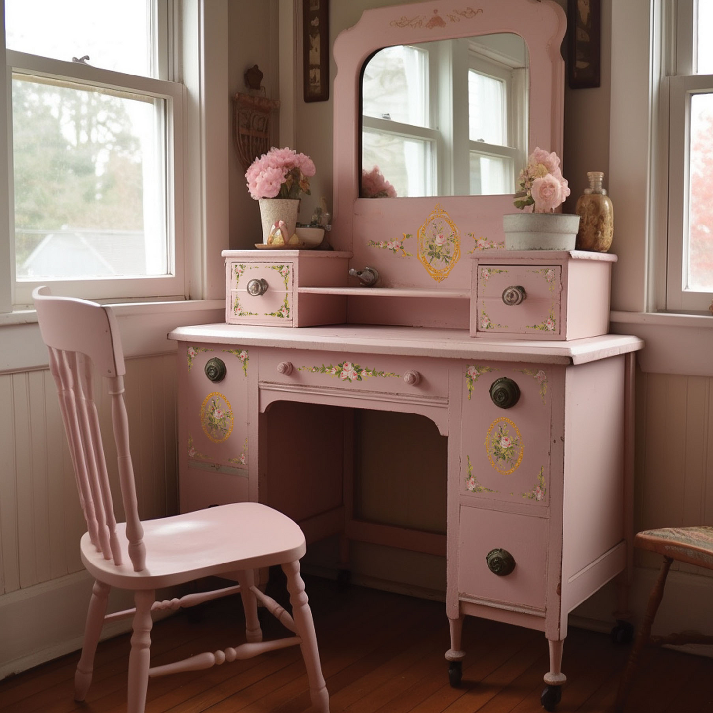 "Petite Fleur Pink" Paint Inlay IOD Furniture Transfer by Iron Orchid Designs. Four 12" x 16" sheets. Example pic-pink desk.  Available at Milton's Daughter.