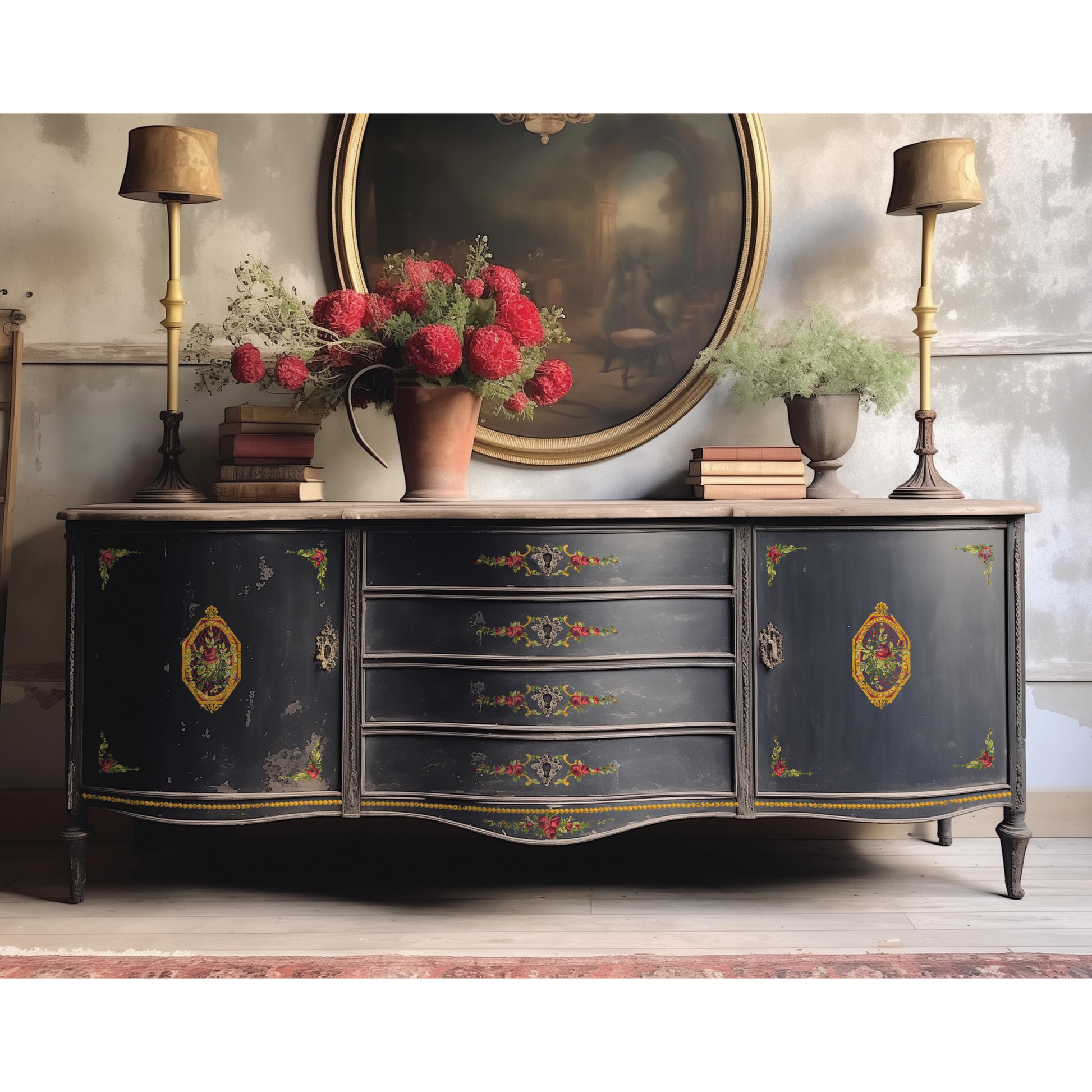 "Petite Fleur Red" Paint Inlay IOD Furniture Transfer by Iron Orchid Designs.  Four 12" x 16" sheets. Example pic-black buffet. Available at Milton's Daughter.