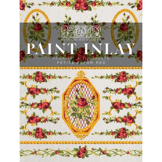 "Petite Fleur Red" Paint Inlay IOD Furniture Transfer by Iron Orchid Designs. Front Cover. Four 12" x 16" sheets. Available at Milton's Daughter.
