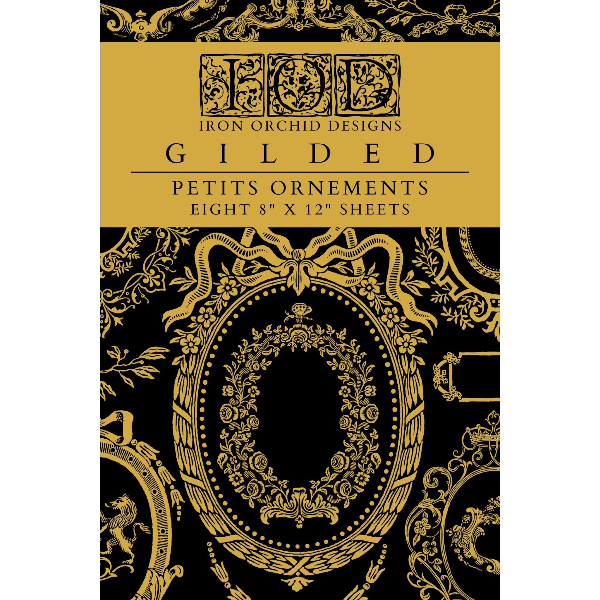 "Petits Ornements" IOD GIlded Foil Transfer by Iron Orchid Designs.  Eight 8" x 12" sheet set. Available at Milton's Daughter. Front cover.