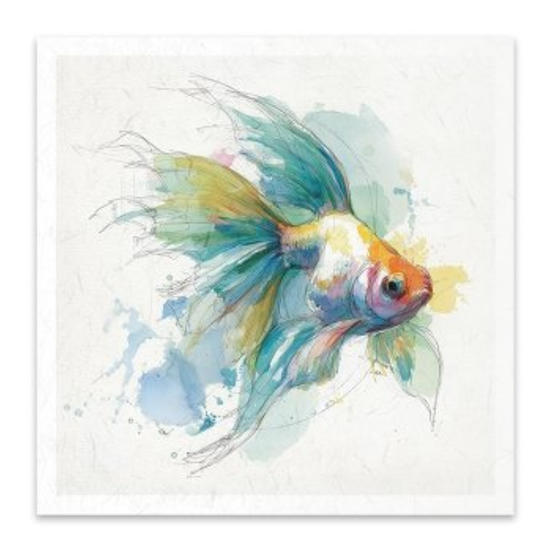 A square watercolor-style art print featuring a colorful fish with flowing blue, green, yellow, and orange tones on a white textured background with a white border.