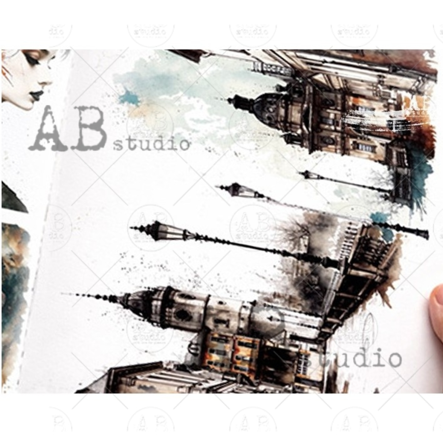 Artistic depiction of a cityscape with architectural elements and 'AB studio' branding.
