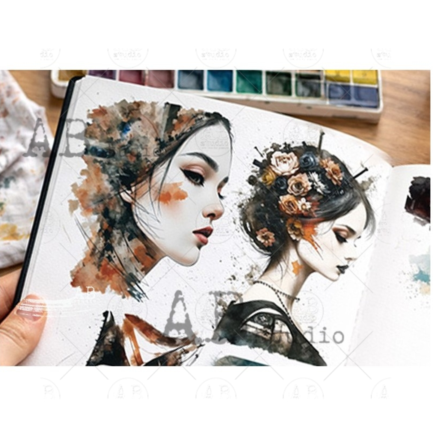 Artistic depiction of two women with intricate hairstyles on a watercolor palette.