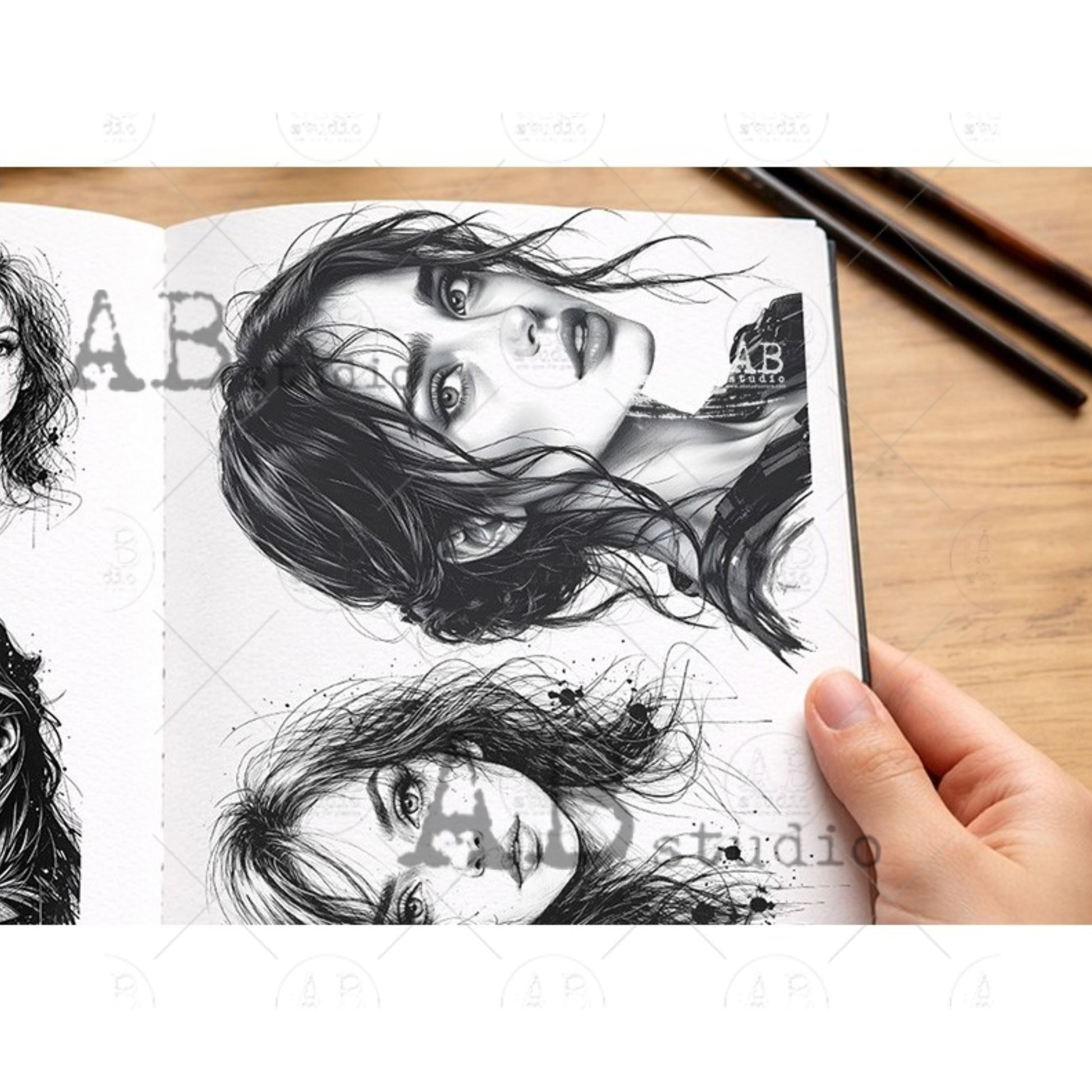Artbook with black and white illustrations of a woman's face held by a hand on a wooden surface.