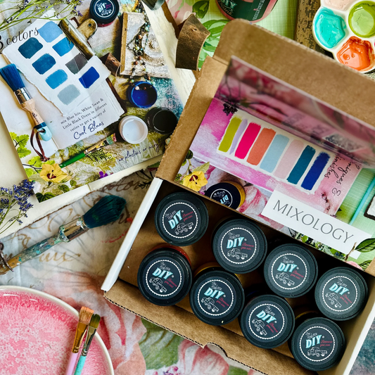 DIY Paint Mixology Lab 8 Color Sampler Box by Debi's DIY Paint and Debi's Design Diary. Contains eight 2 oz jars of DIY Paint for sampling and mixing countless color combinations. Available at Milton's Daughter. Open box photo 1.