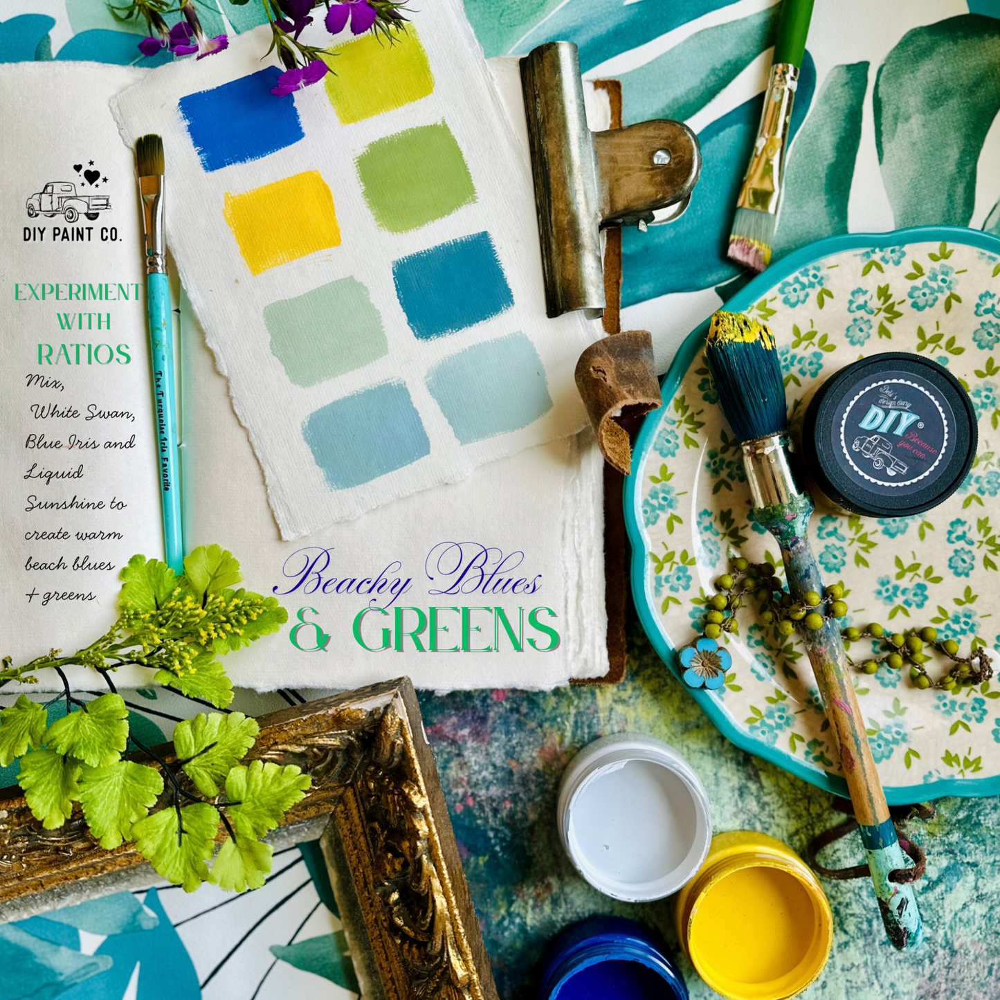 DIY Paint Mixology Lab 8 Color Sampler Box by Debi's DIY Paint and Debi's Design Diary. Contains eight 2 oz jars of DIY Paint for sampling and mixing countless color combinations. Available at Milton's Daughter. Beachy blues and greens examples.