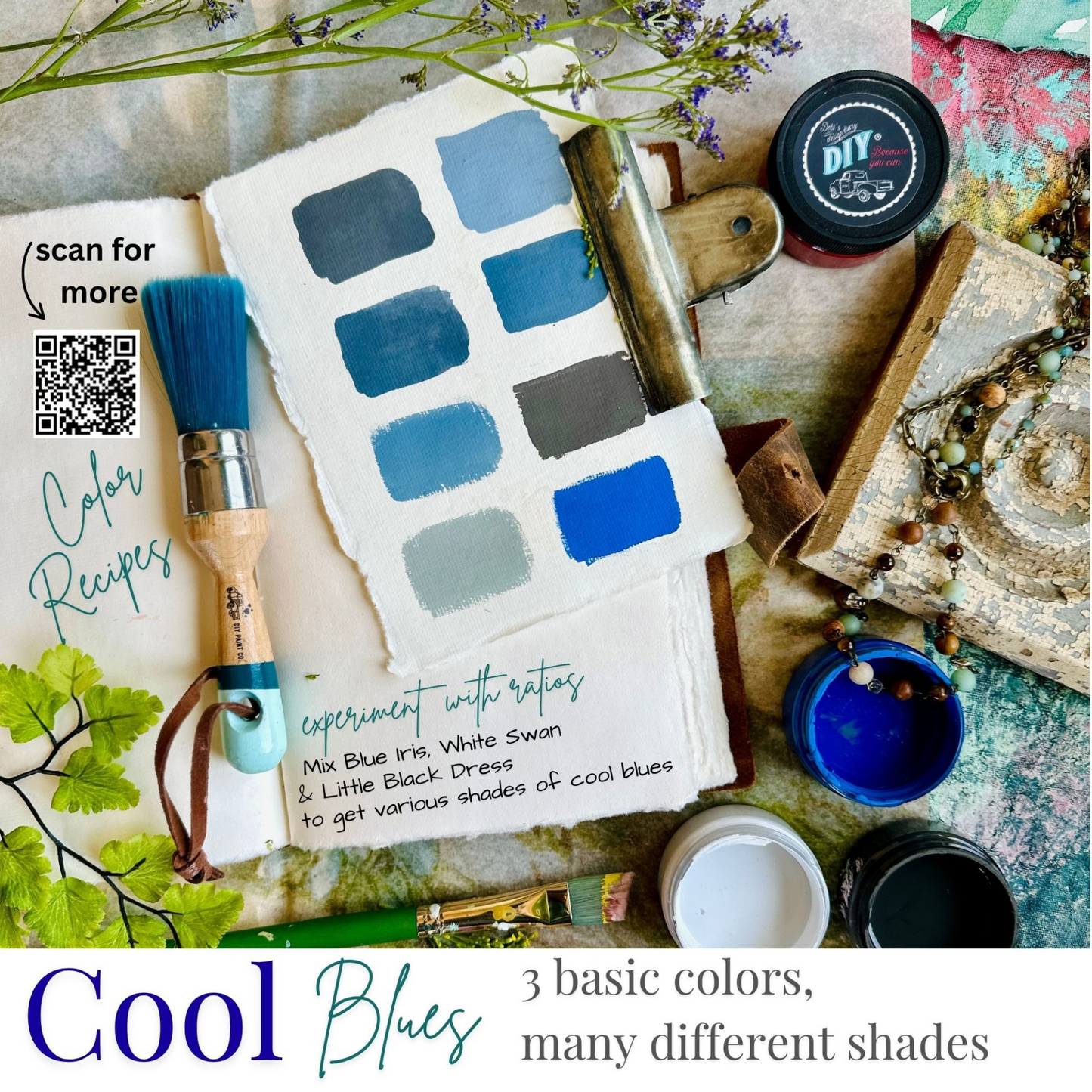 DIY Paint Mixology Lab 8 Color Sampler Box by Debi's DIY Paint and Debi's Design Diary. Contains eight 2 oz jars of DIY Paint for sampling and mixing countless color combinations. Available at Milton's Daughter. Cool blues examples.