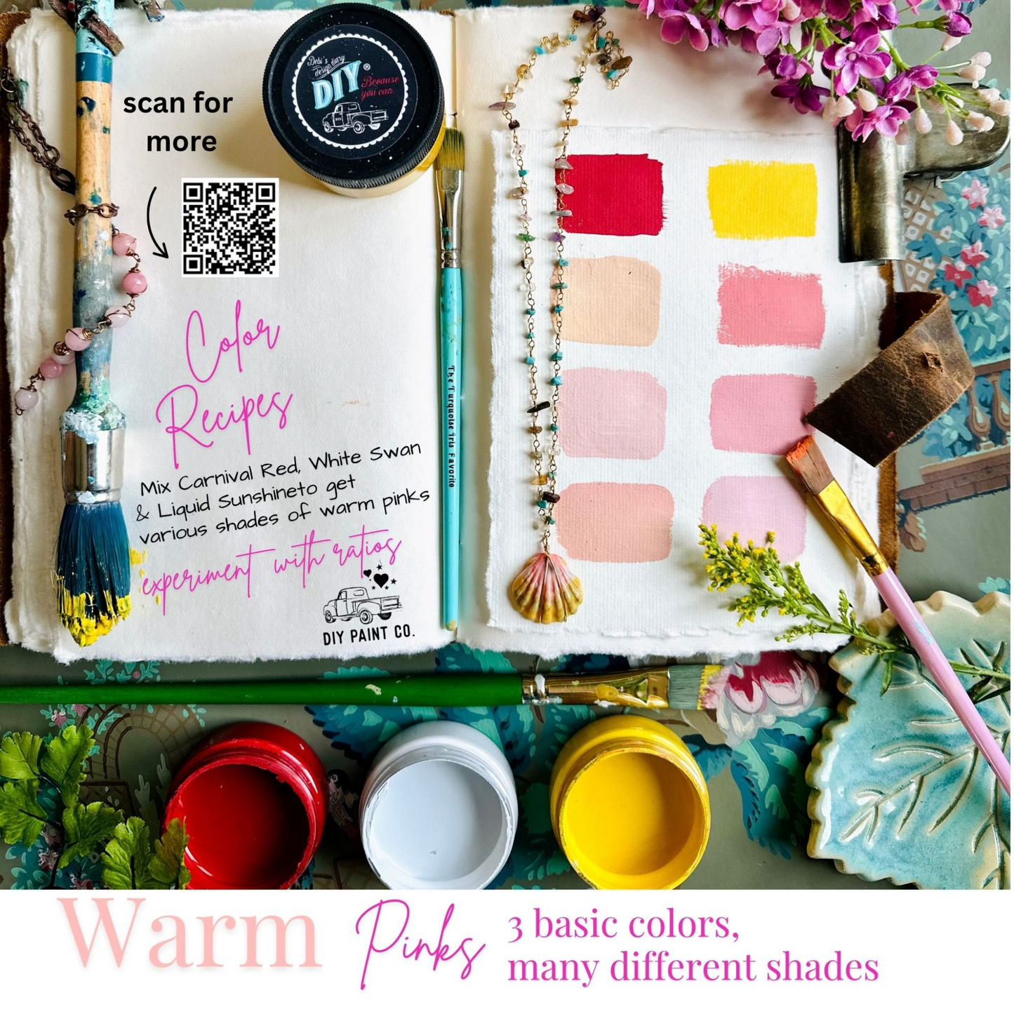 DIY Paint Mixology Lab 8 Color Sampler Box by Debi's DIY Paint and Debi's Design Diary. Contains eight 2 oz jars of DIY Paint for sampling and mixing countless color combinations. Available at Milton's Daughter. Warm pinks examples.