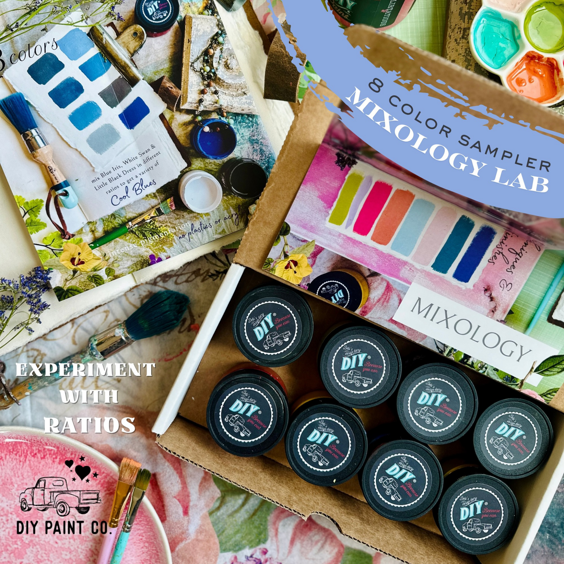 DIY Paint Mixology Lab 8 Color Sampler Box by Debi's DIY Paint and Debi's Design Diary. Contains eight 2 oz jars of DIY Paint for sampling and mixing countless color combinations. Available at Milton's Daughter. Open box-experiment with ratios examples.