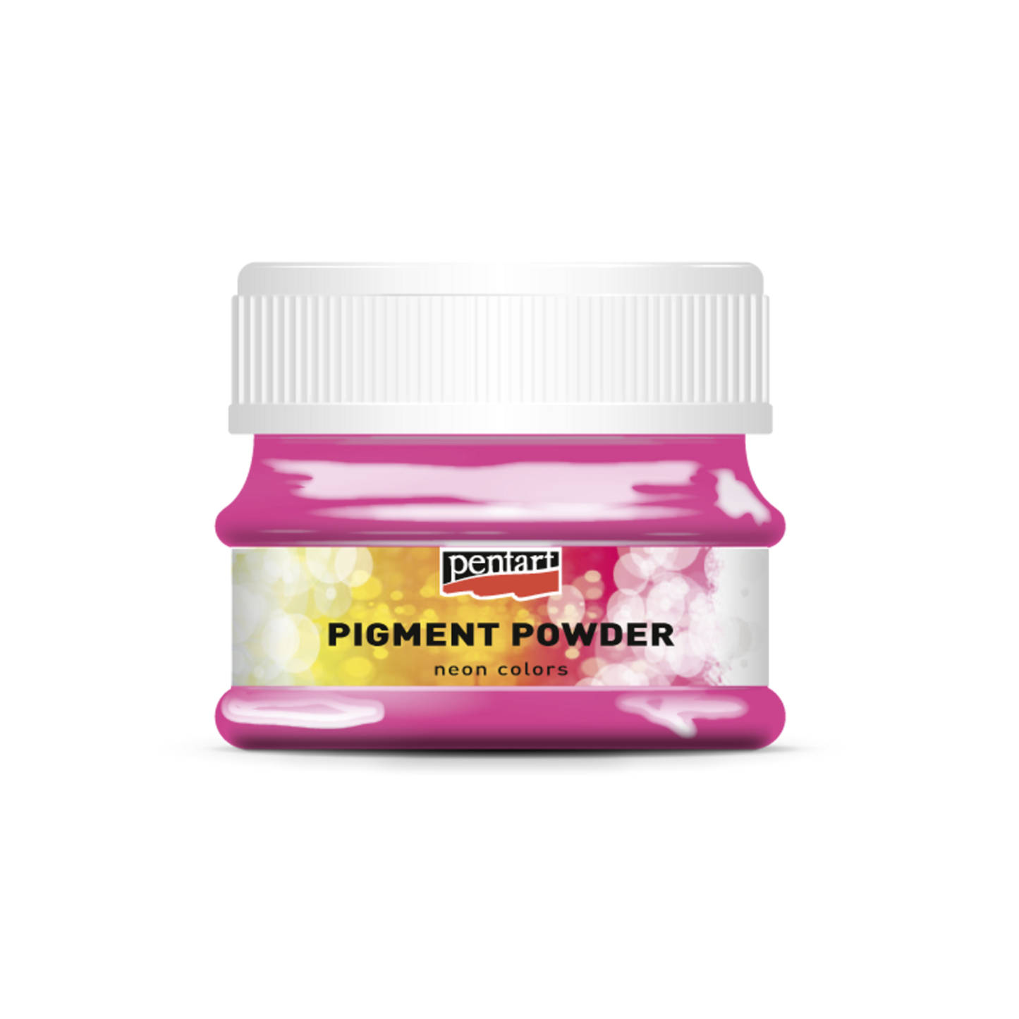 Pink container of pigment powder with a white lid on a white background