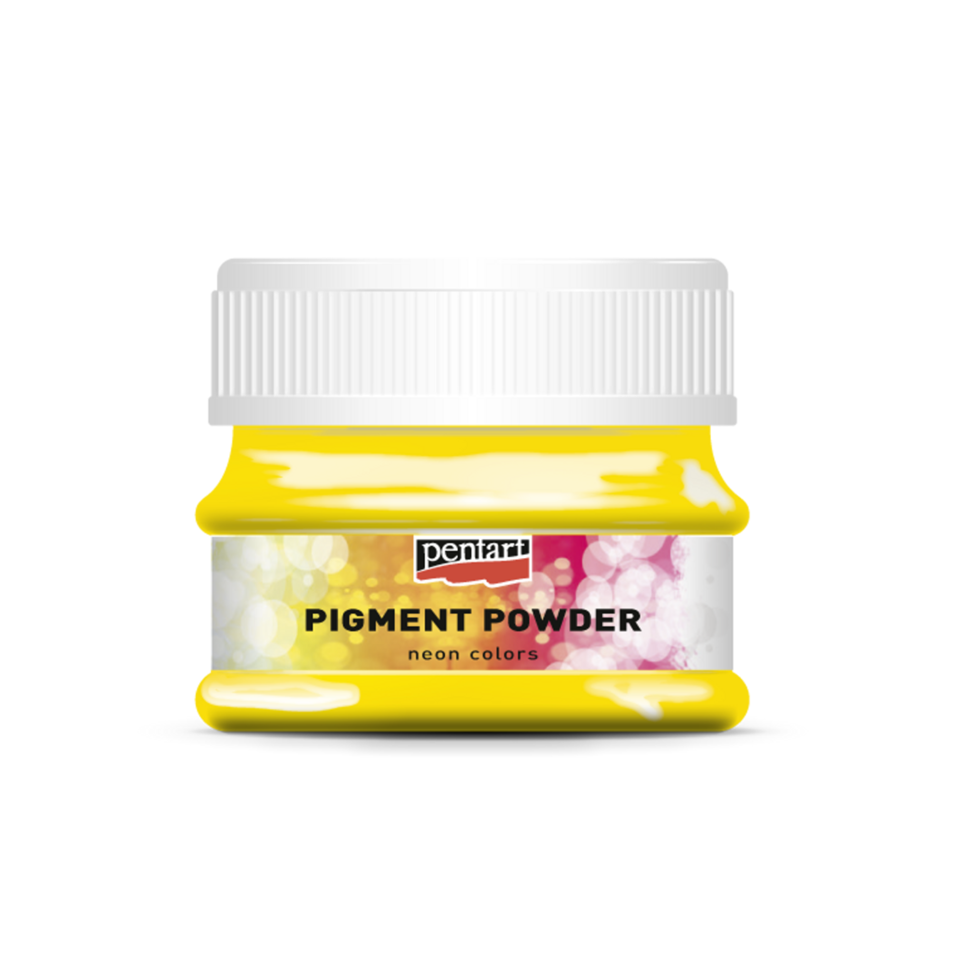 Yellow container of pigment powder with a white lid on a white background