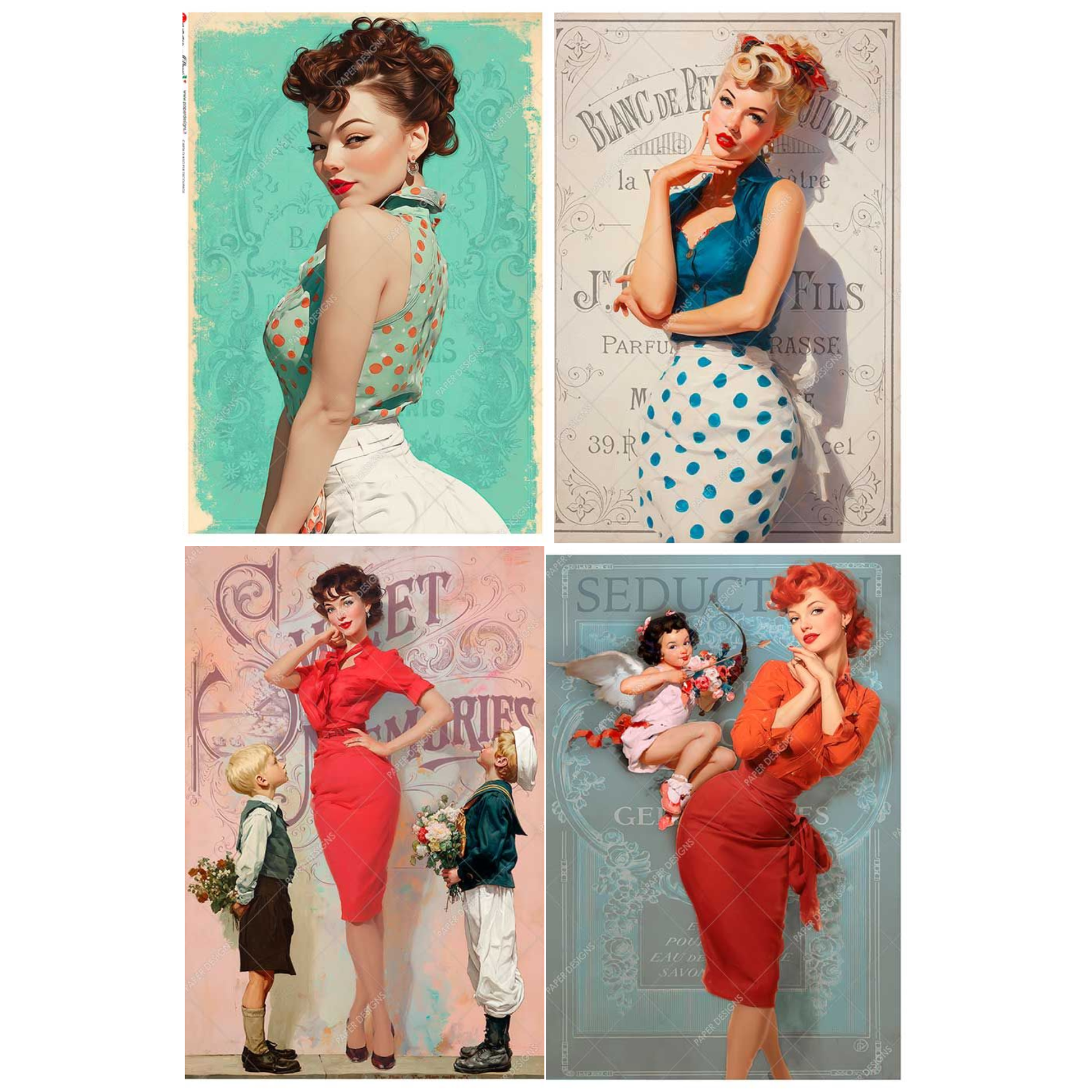 Four vintage-style posters featuring women in different poses and outfits.