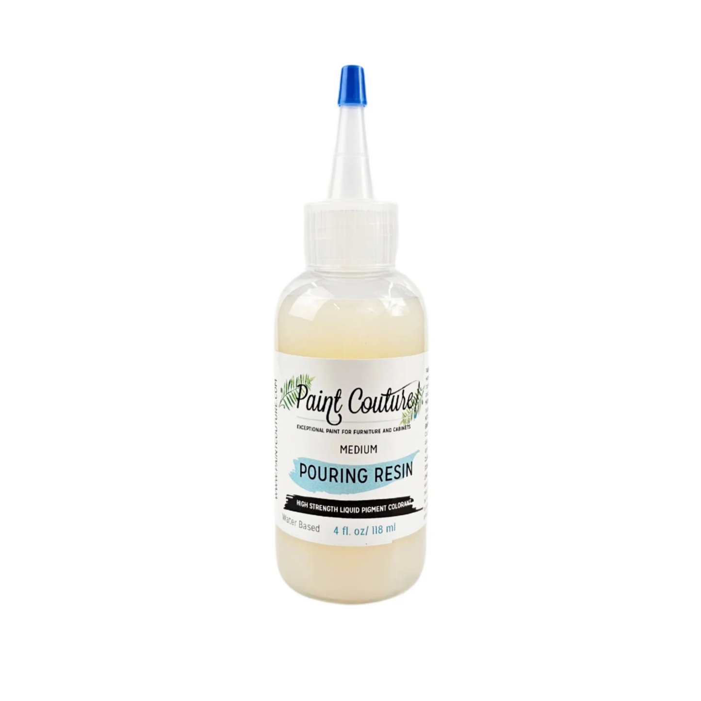Bottle of pouring resin with a blue cap on a white background