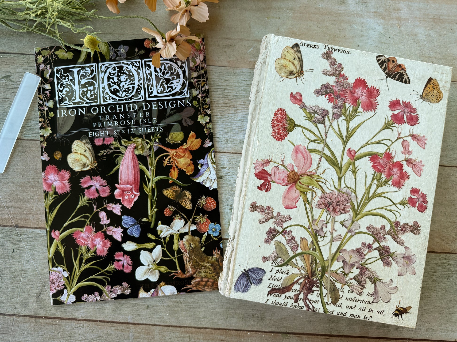 Side by side image of Primrose Isle IOD Transfer book next to completed project.